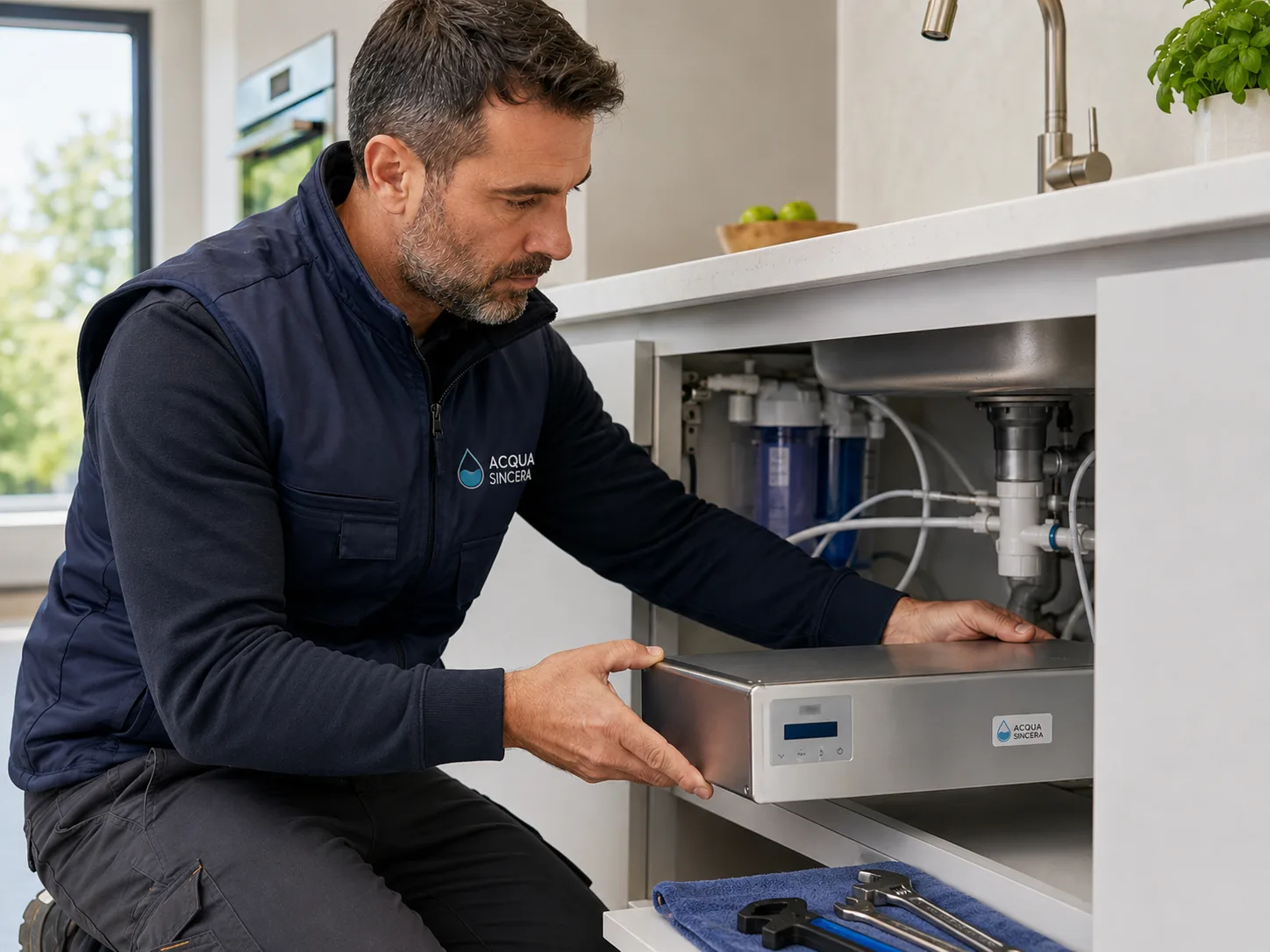 Ambientazione illustrativa di tecnico durante la posa di un sistema sottolavello Acqua Sincera